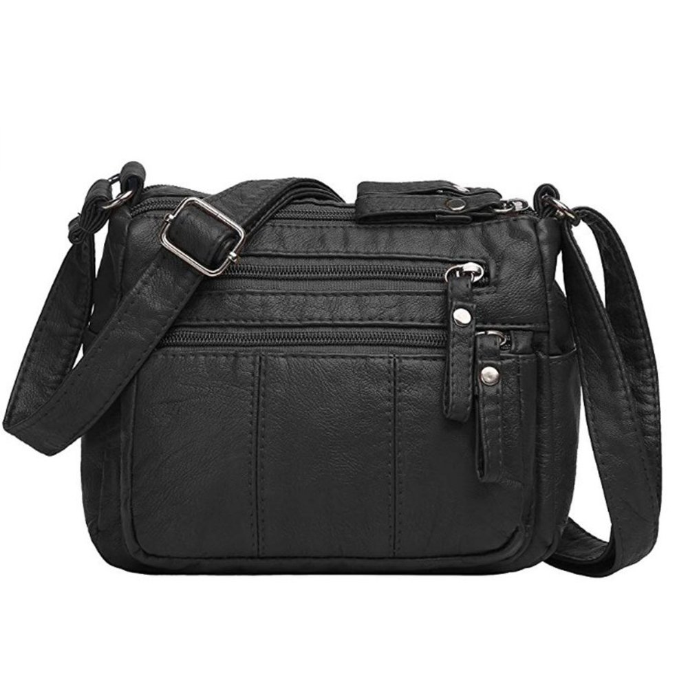 Black Leather Crossbody Multi Pocket Handbag